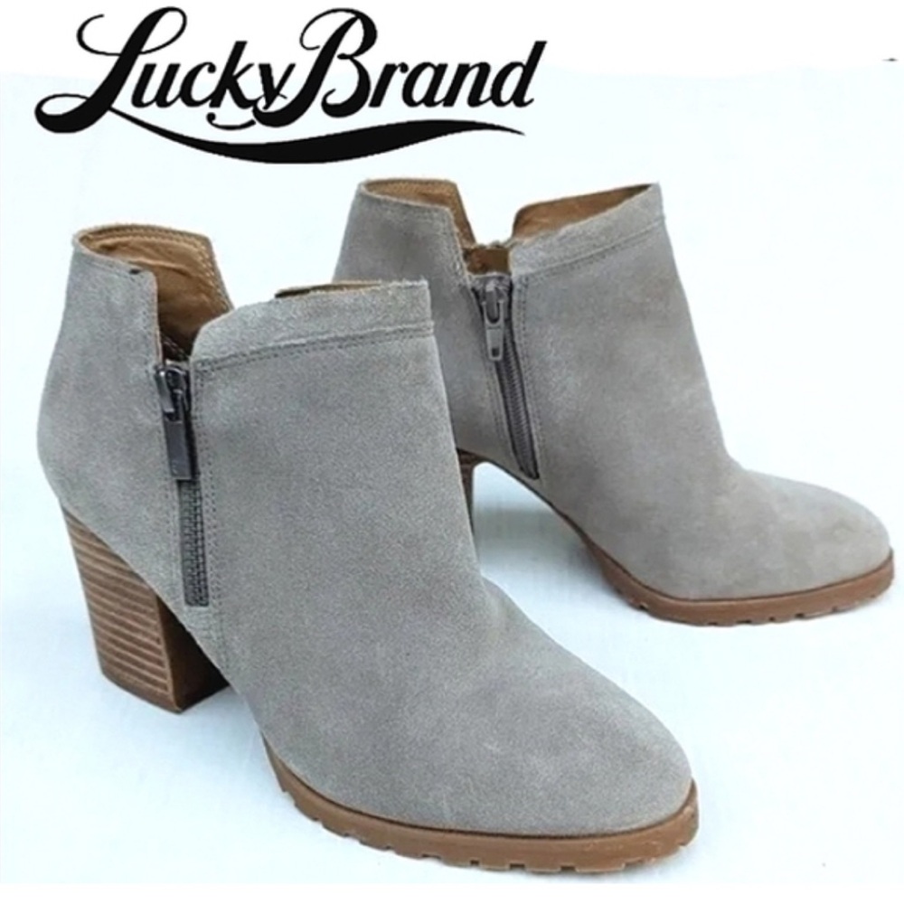 LUCKY BRAND NORYN GRAY SUEDE CHUNKY HEEL ANKLE BOOTS